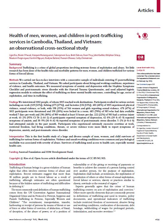 Health of men, women, and children in post-traffi cking services in Cambodia, Thailand, and Vietnam: an observational cross-sectional study