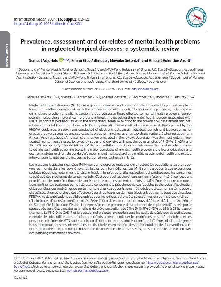Prevalence, assessment and correlates of mental health problems in neglected tropical diseases: a systematic review